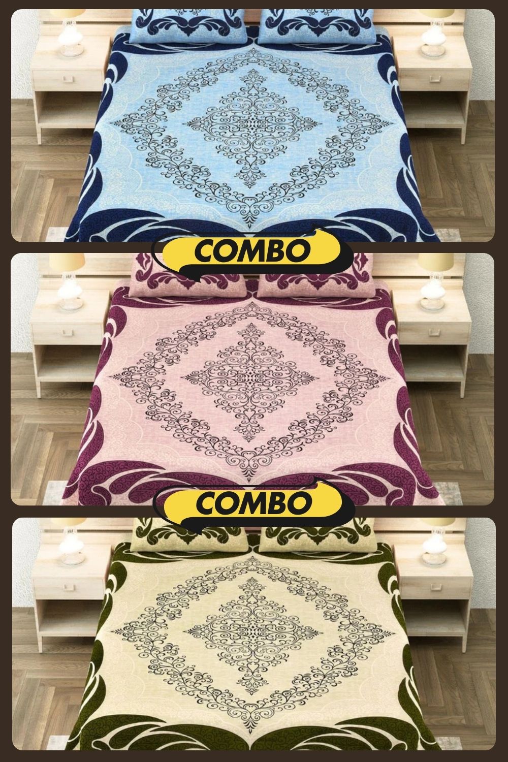 Lakshmi Rath Sapphire Petal Dream and Emerald Glory Pure Cotton King Size Bedsheet Combo of 3