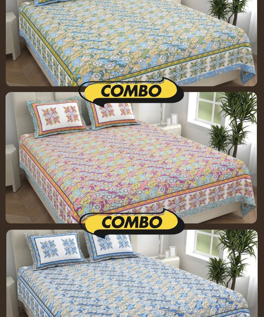 Fresh & Frisky Colourful Dales Blue and Gracious Spread Grey Pure Cotton King Size Bedsheet Combo of 3