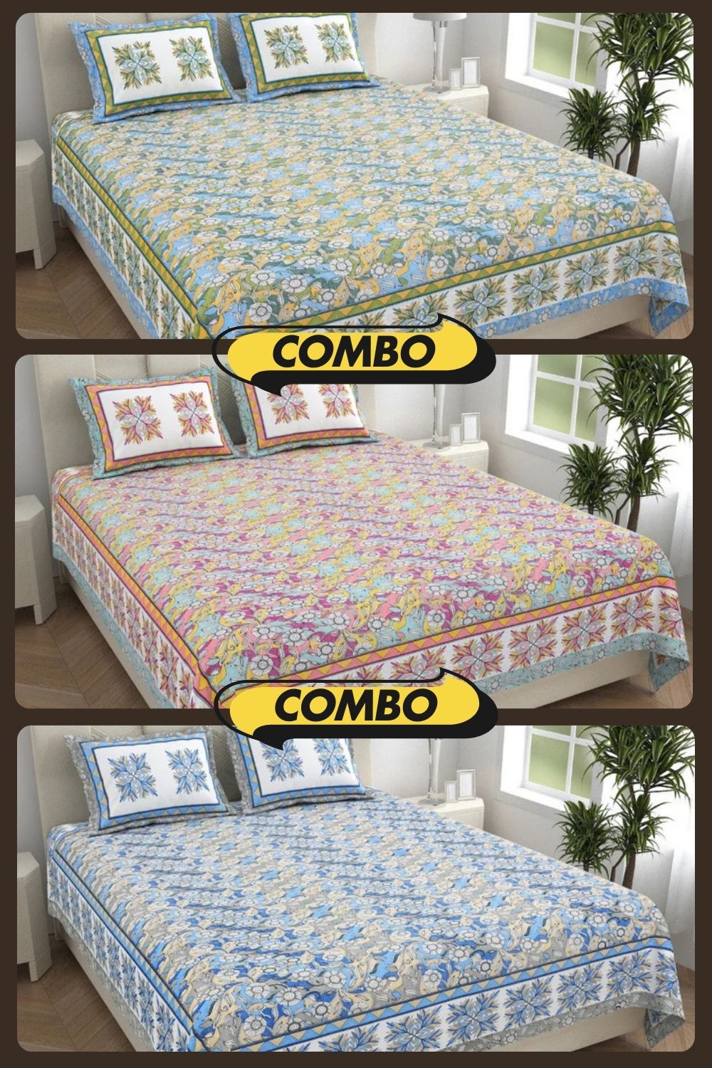 Fresh & Frisky Colourful Dales Blue and Gracious Spread Grey Pure Cotton King Size Bedsheet Combo of 3