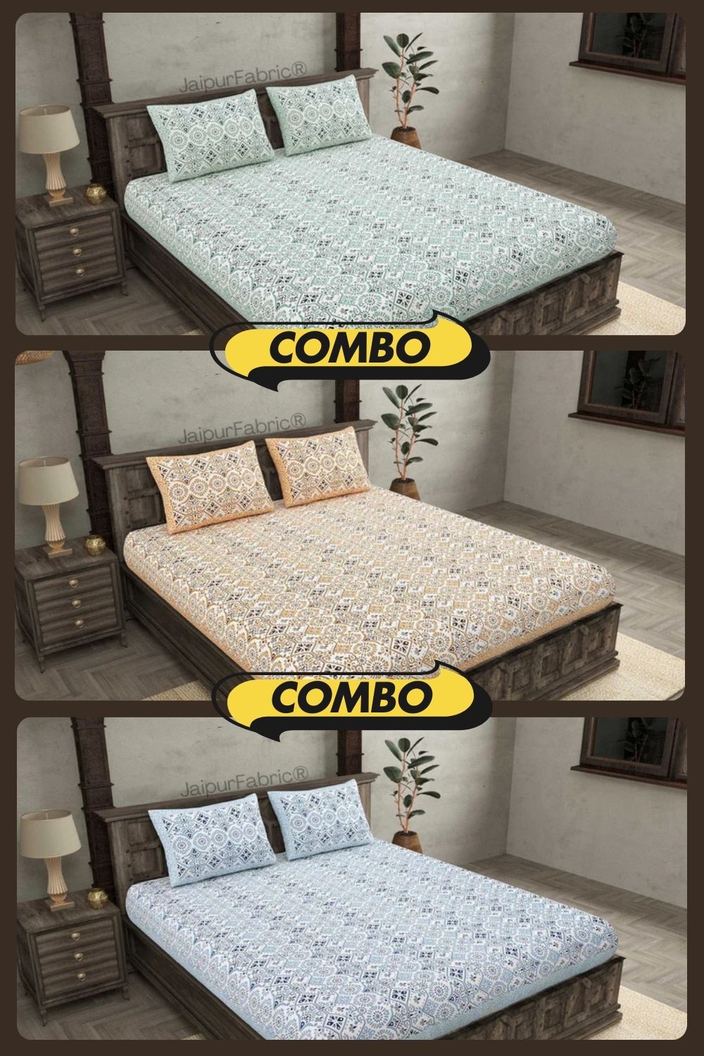 Showering Festivities Green Peach and Blue Pure Cotton Double Bedsheet Combo of 3