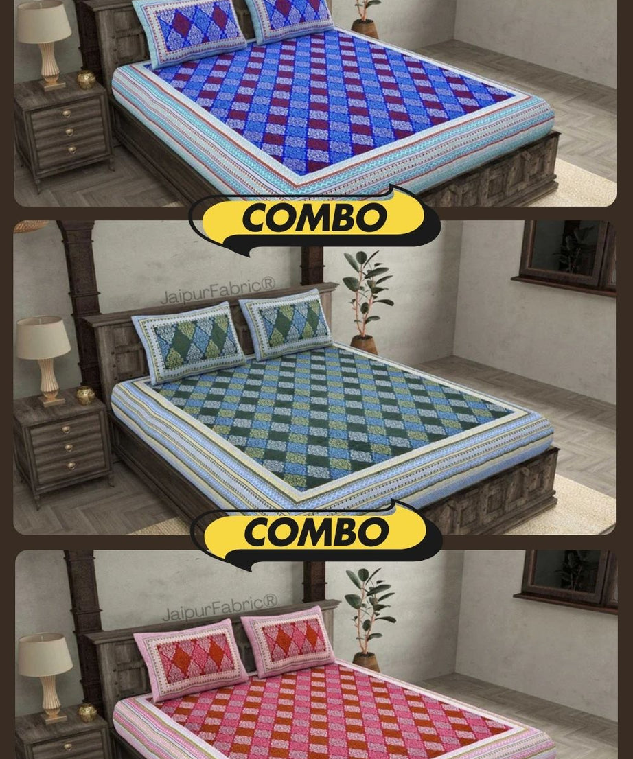 The Traditional Touch Blue Red and Green Pure Cotton Double Bedsheet Combo of 3
