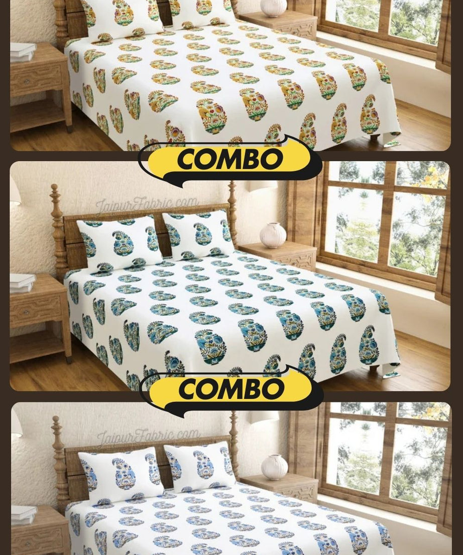 Hand Block Printed Floral Valley Indian Kairi Design King Size Bedsheet Combo of 3