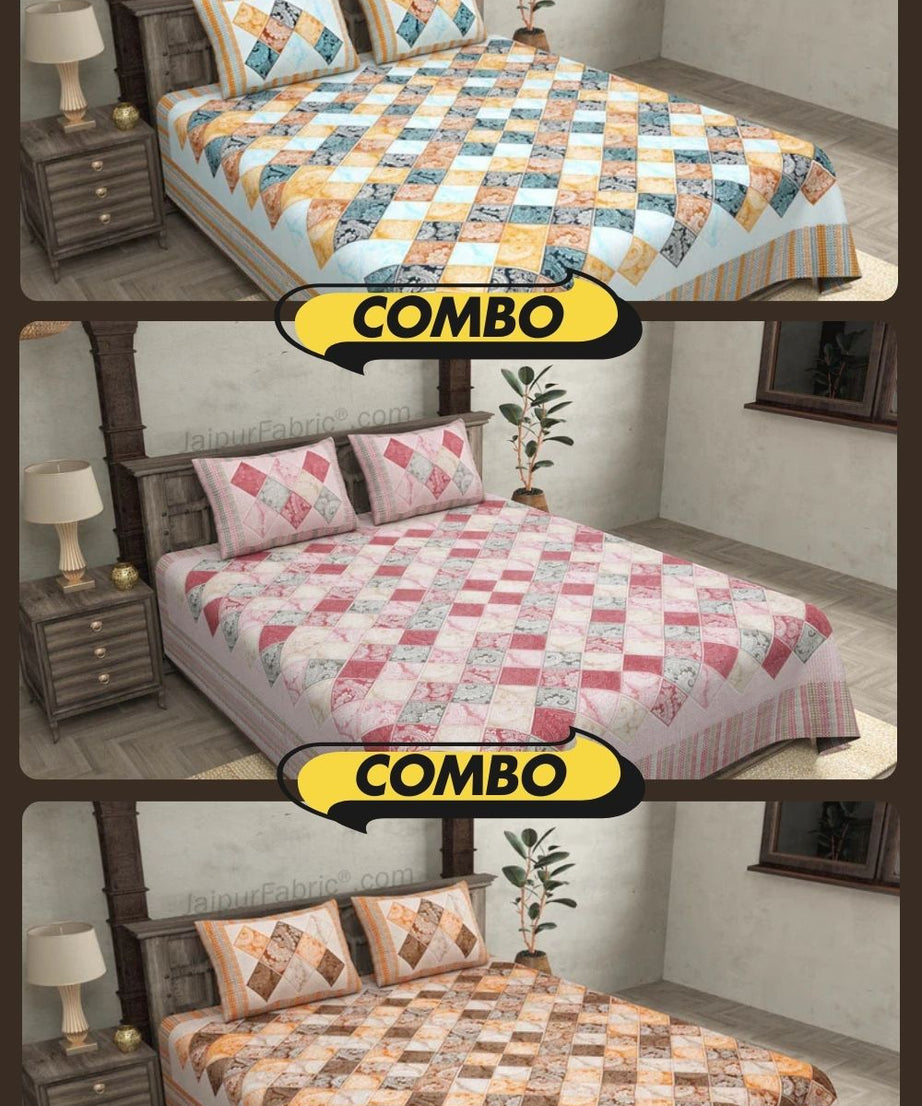 Ethnic Tiles Blue Orange and Pink Double Bedsheet Combo of 3