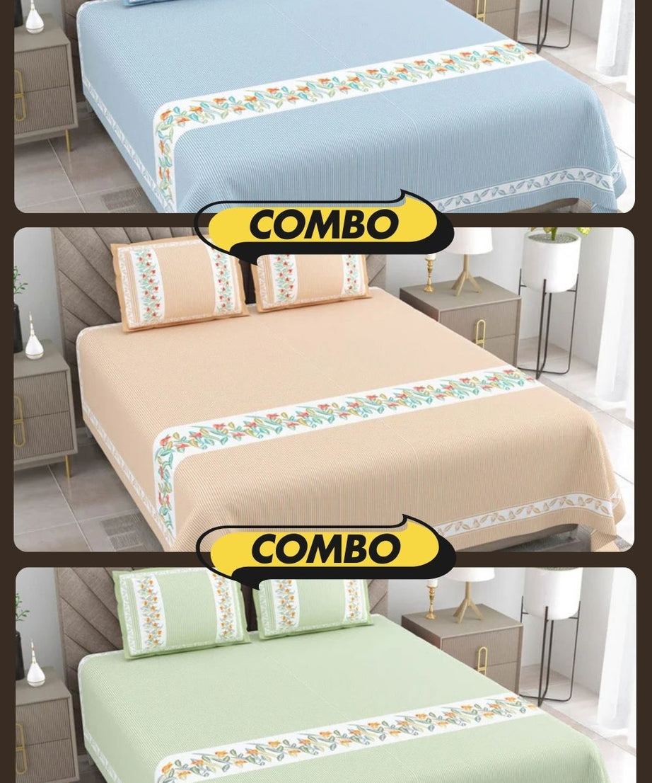 Eco-Friendly Blue Peach and Green Pure Cotton King Size Double Bedsheet Combo of 3