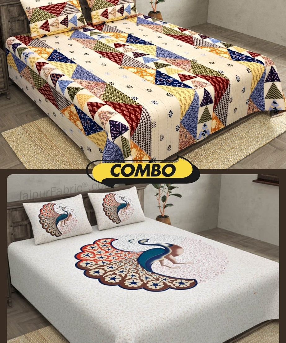 COMBO348 Twill Cotton 2 Double Bed Sheet + 4 Pillow Cover
