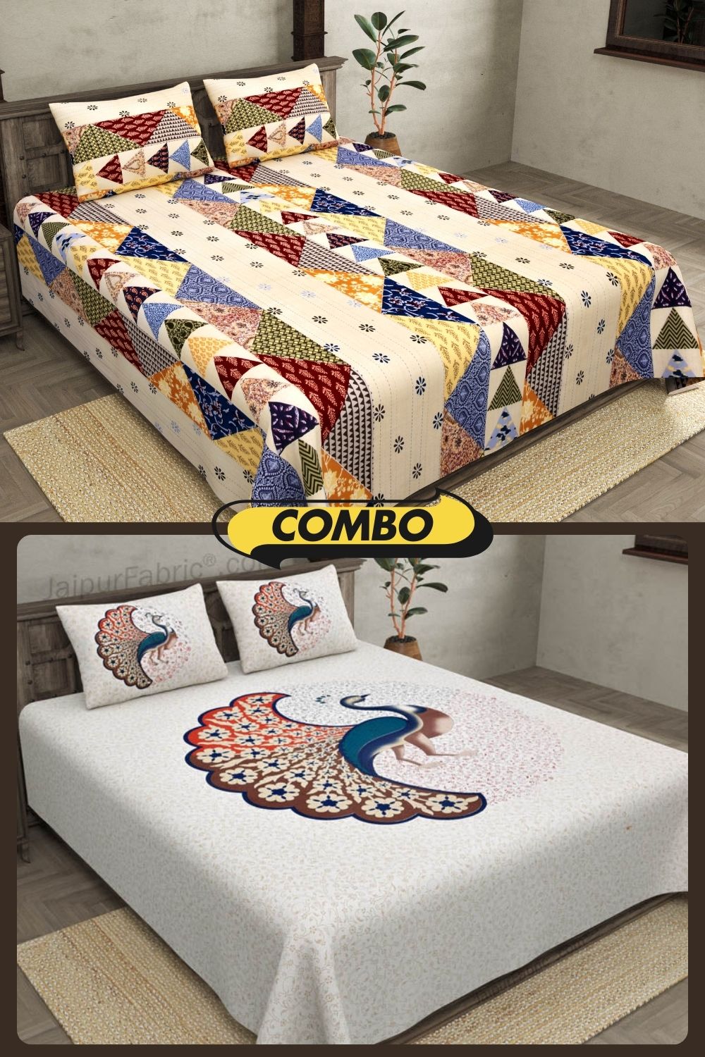 COMBO348 Twill Cotton 2 Double Bed Sheet + 4 Pillow Cover