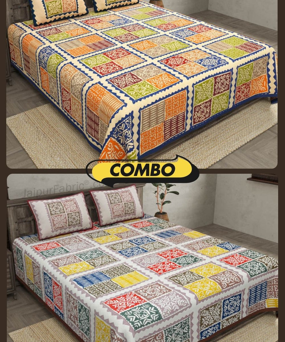 COMBO349 Katha Barmeri 2 Double Bed Sheet + 4 Pillow Cover
