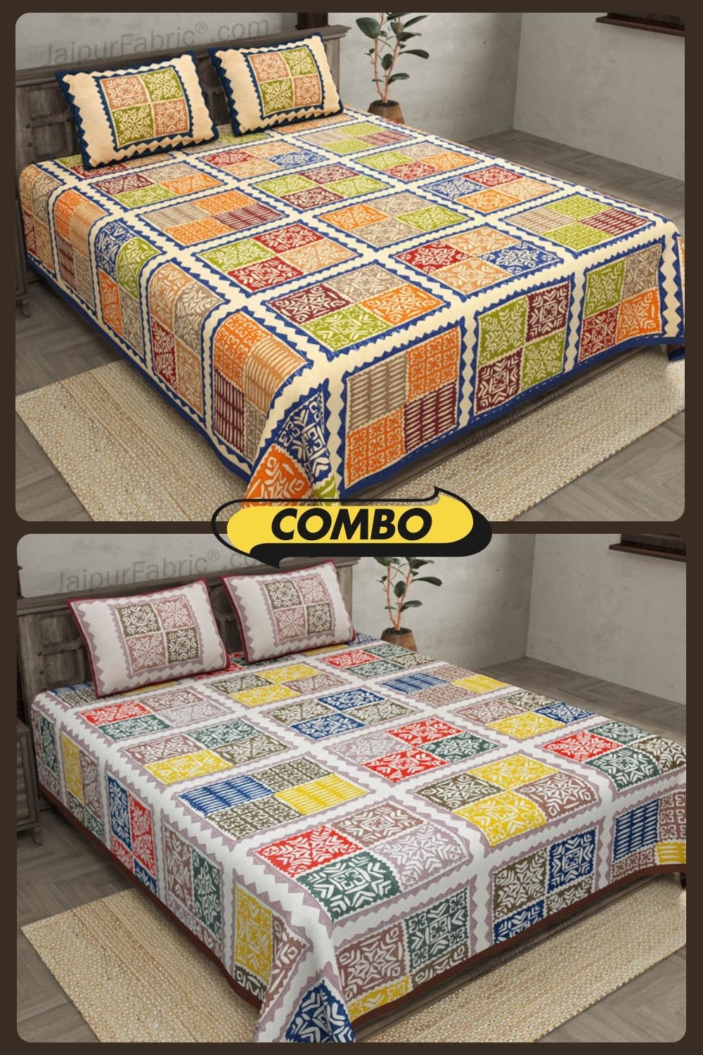 COMBO349 Katha Barmeri 2 Double Bed Sheet + 4 Pillow Cover