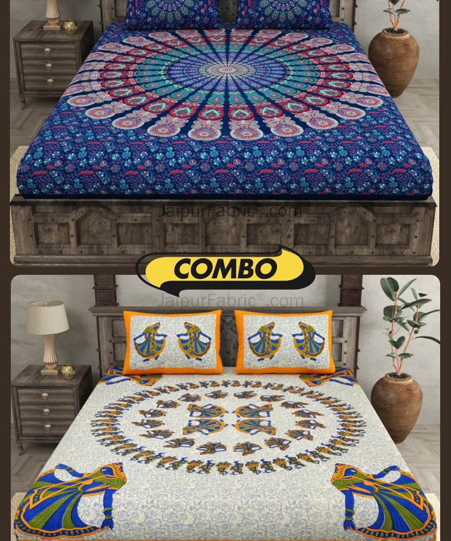 COMBO355 Beautiful Multicolor 2 Bedsheet + 4 Pillow Cover