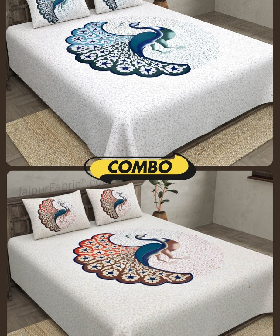 Peacock Harmony Cotton Double Bedsheet Combo