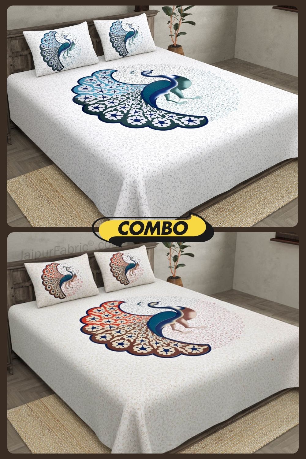 Peacock Harmony Cotton Double Bedsheet Combo