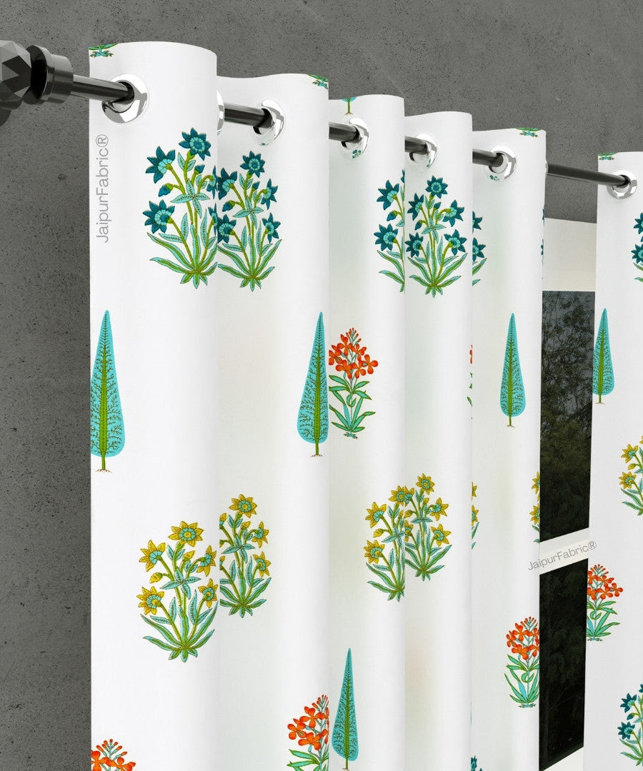 Jaipur Mela Hand Block Printed Sea Green Trees and Flowers Curtains