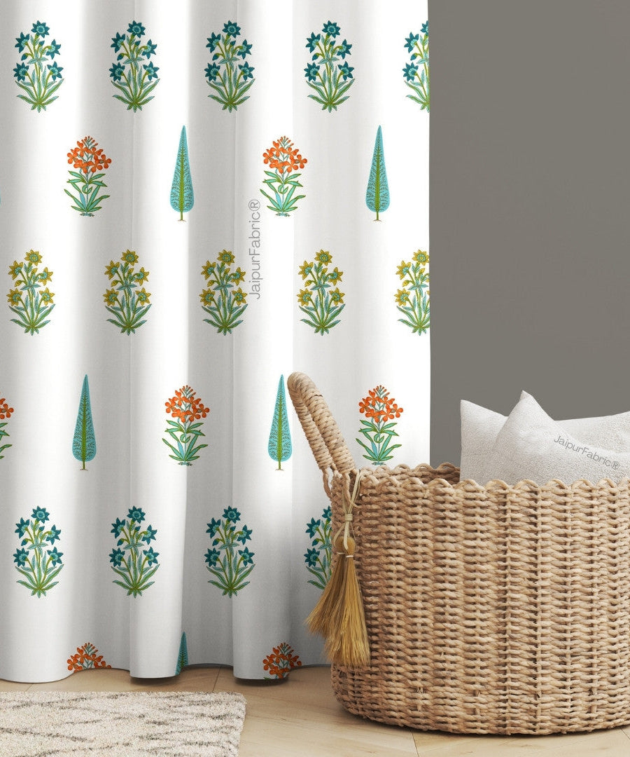 Jaipur Mela Hand Block Printed Sea Green Trees and Flowers Curtains