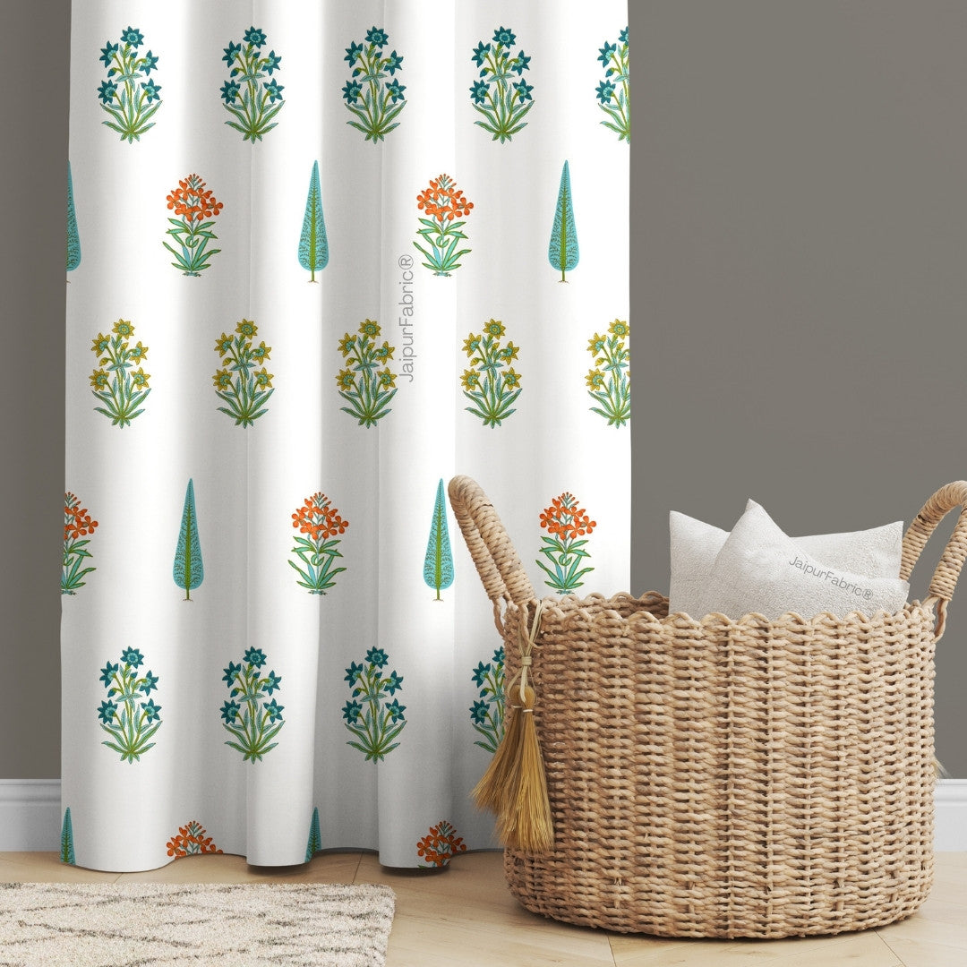 Jaipur Mela Hand Block Printed Sea Green Trees and Flowers Curtains