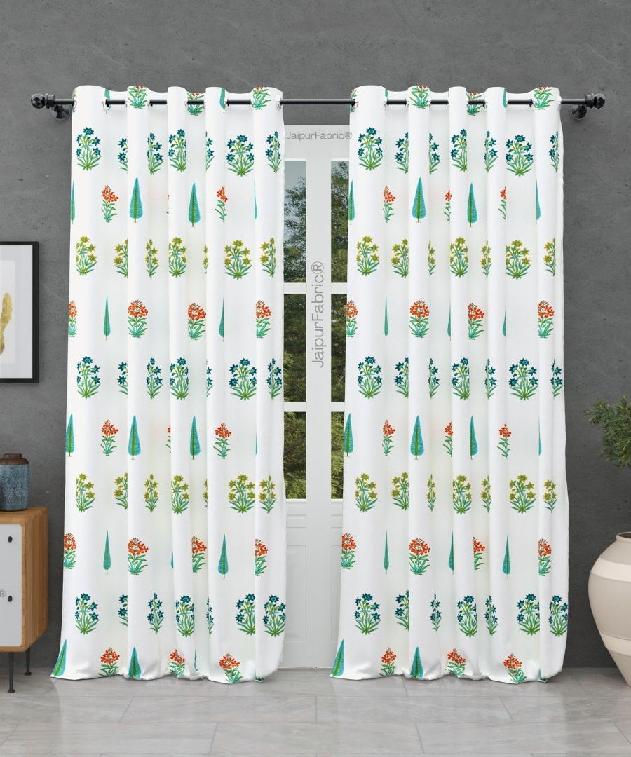 Jaipur Mela Hand Block Printed Sea Green Trees and Flowers Curtains