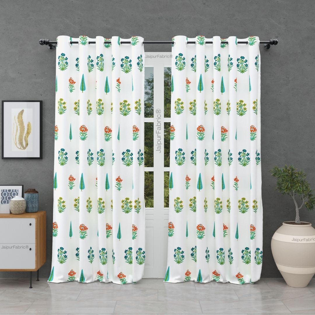 Jaipur Mela Hand Block Printed Sea Green Trees and Flowers Curtains