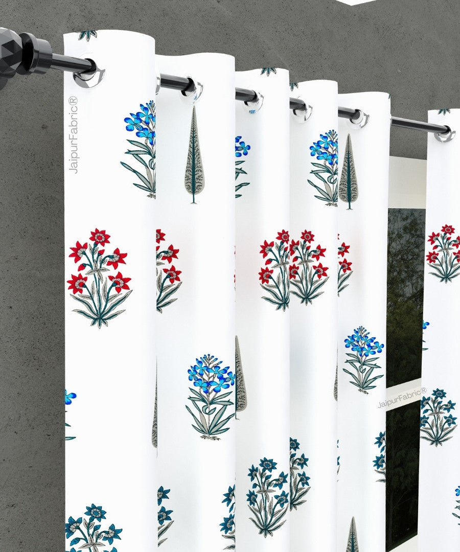 India Blocks of Red Blue Flowers Grey Leaves Block Printed Curtains