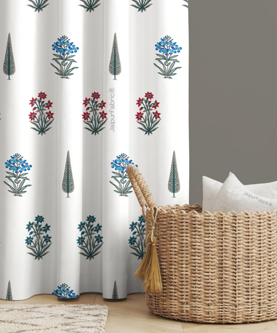 India Blocks of Red Blue Flowers Grey Leaves Block Printed Curtains