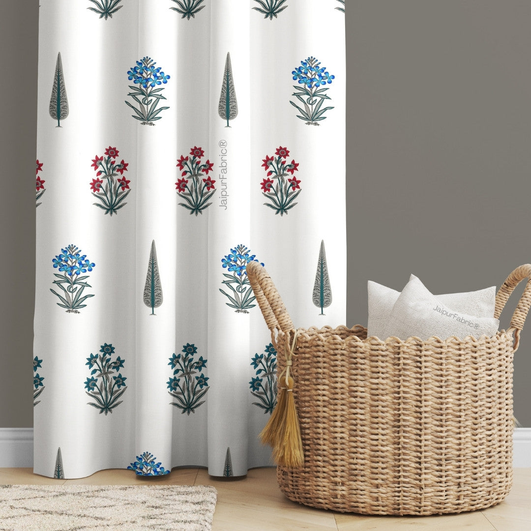 India Blocks of Red Blue Flowers Grey Leaves Block Printed Curtains