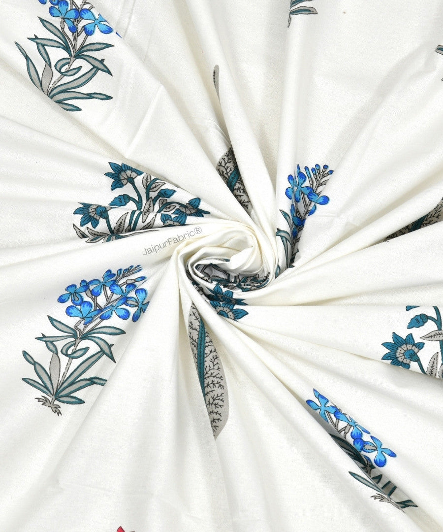 India Blocks of Red Blue Flowers Grey Leaves Block Printed Curtains