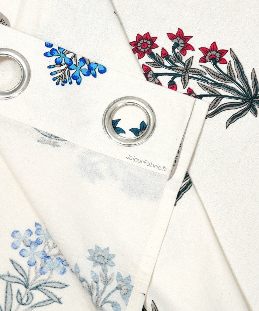 India Blocks of Red Blue Flowers Grey Leaves Block Printed Curtains