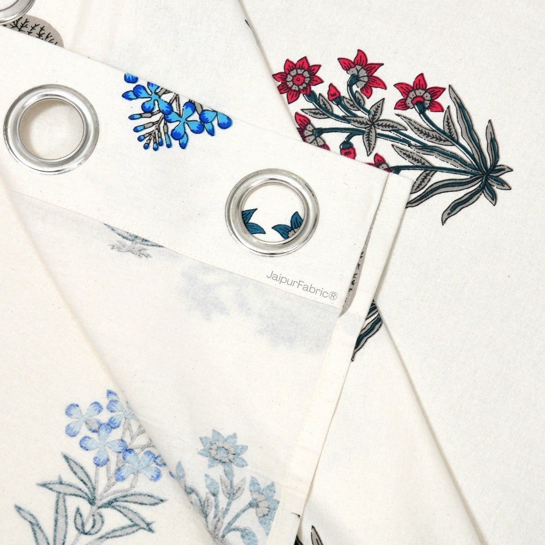 India Blocks of Red Blue Flowers Grey Leaves Block Printed Curtains