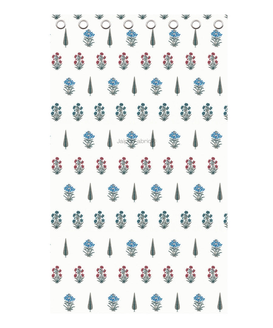 India Blocks of Red Blue Flowers Grey Leaves Block Printed Curtains