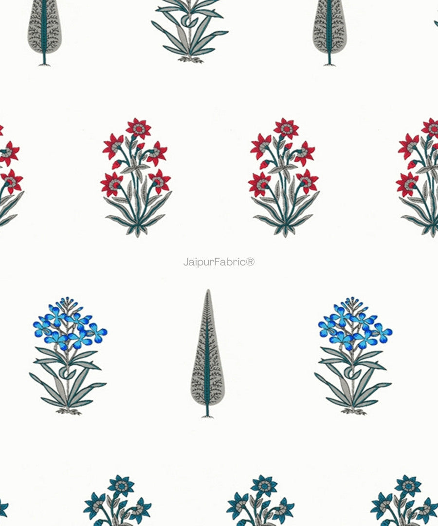 India Blocks of Red Blue Flowers Grey Leaves Block Printed Curtains