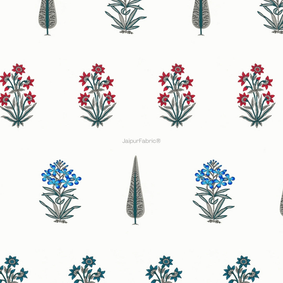 India Blocks of Red Blue Flowers Grey Leaves Block Printed Curtains