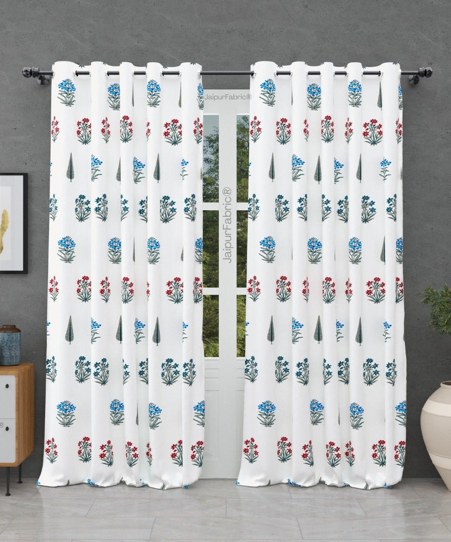 India Blocks of Red Blue Flowers Grey Leaves Block Printed Curtains