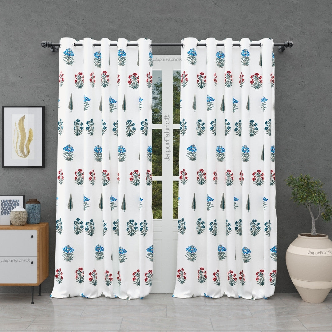 India Blocks of Red Blue Flowers Grey Leaves Block Printed Curtains