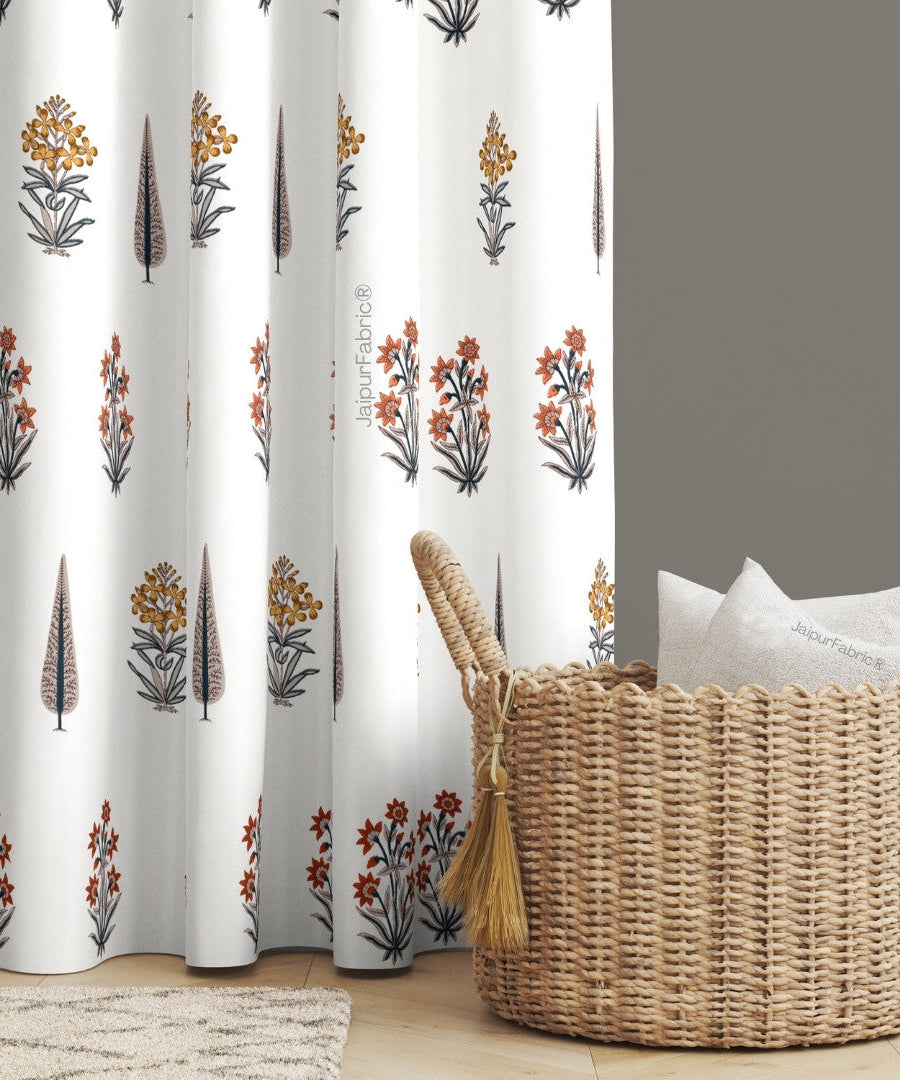 Pink Mustard Flowers Brown Leaves Jaipur Dharohar Boota Print Curtains