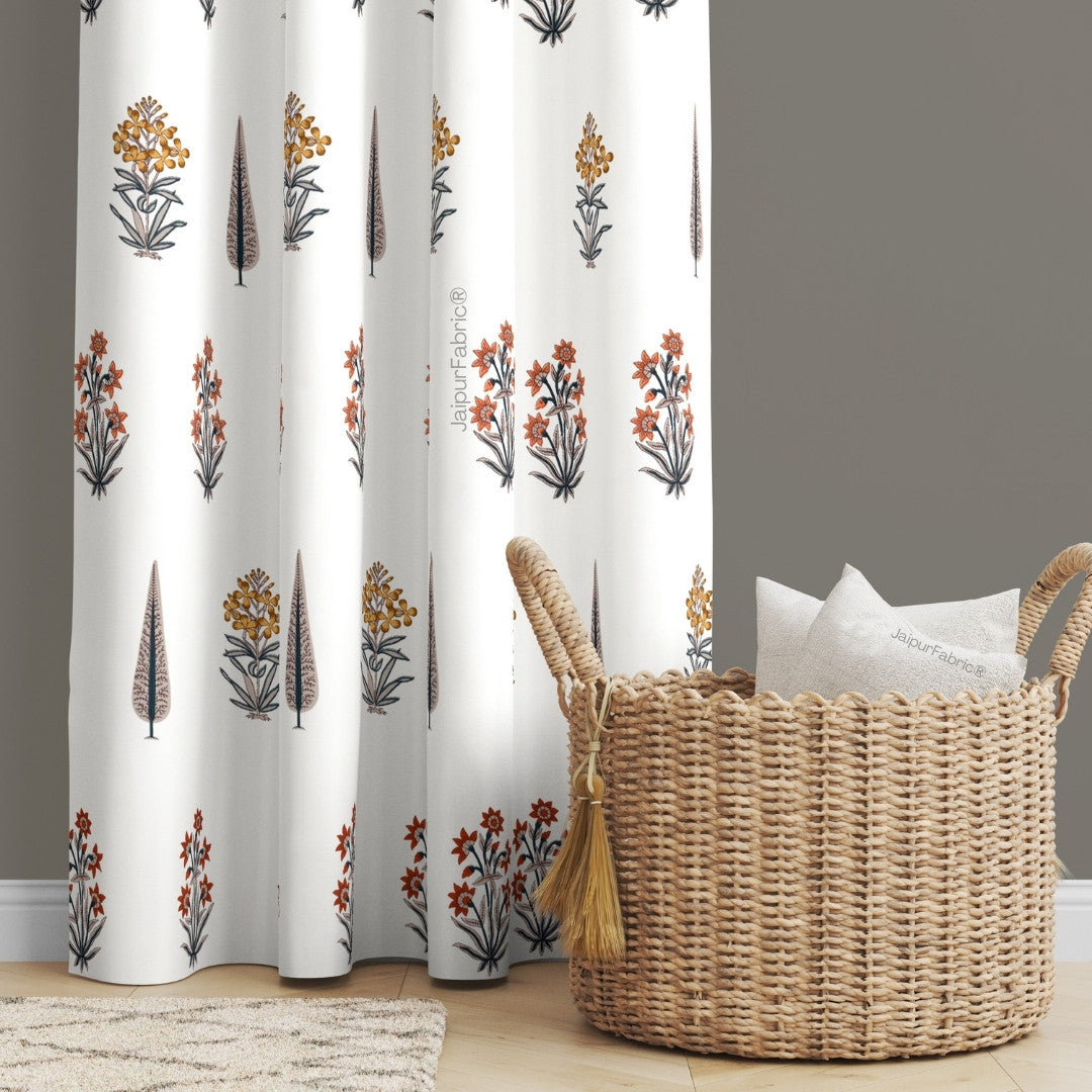 Pink Mustard Flowers Brown Leaves Jaipur Dharohar Boota Print Curtains