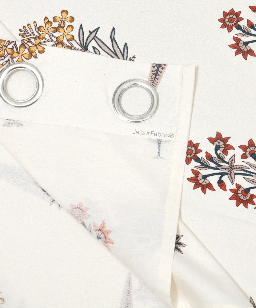 Pink Mustard Flowers Brown Leaves Jaipur Dharohar Boota Print Curtains