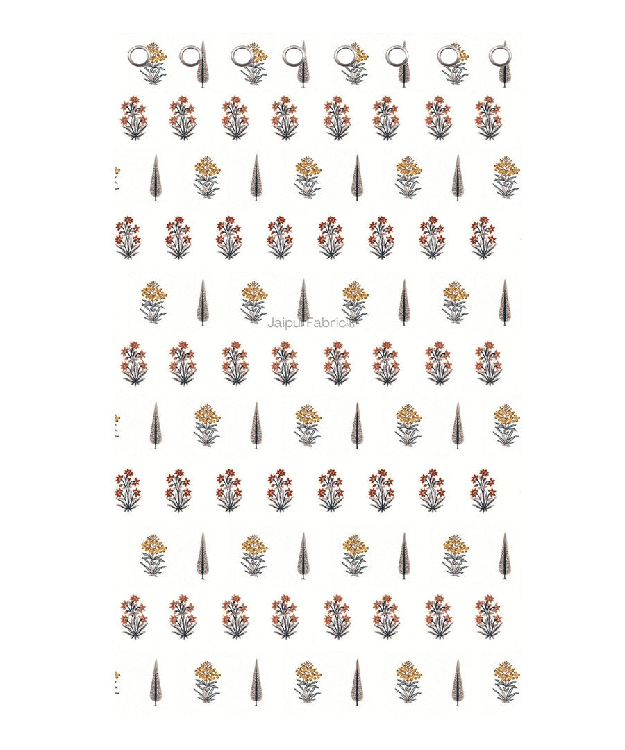 Pink Mustard Flowers Brown Leaves Jaipur Dharohar Boota Print Curtains