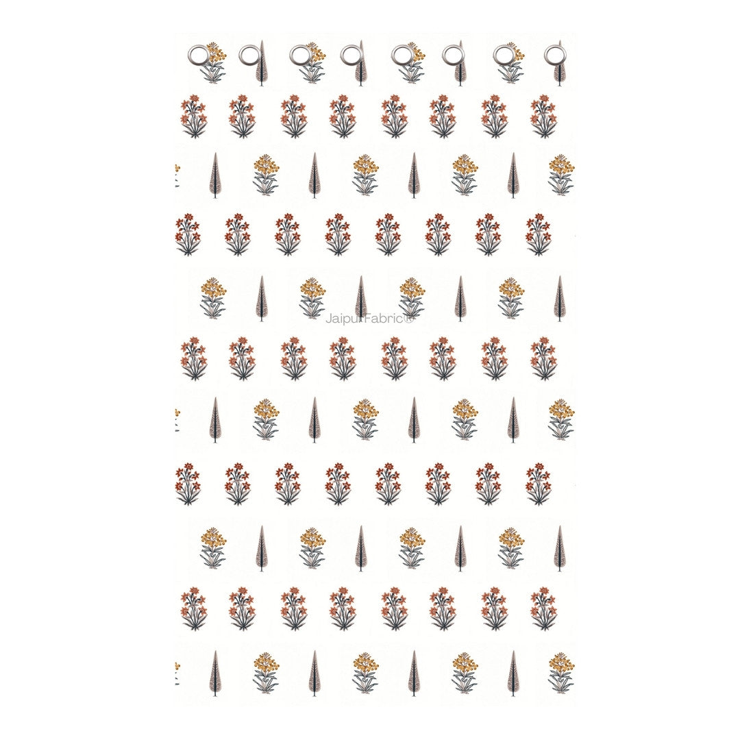 Pink Mustard Flowers Brown Leaves Jaipur Dharohar Boota Print Curtains