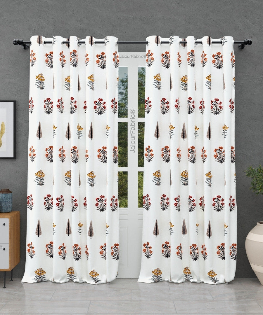 Pink Mustard Flowers Brown Leaves Jaipur Dharohar Boota Print Curtains