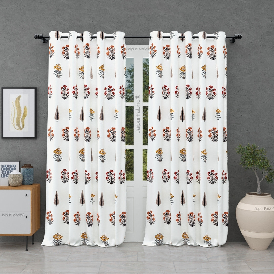 Pink Mustard Flowers Brown Leaves Jaipur Dharohar Boota Print Curtains