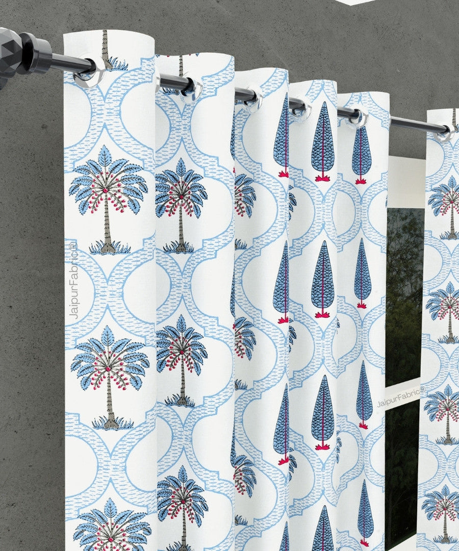Jaipur Mela Hand Block Printed Blue Trees and Flowers Curtains