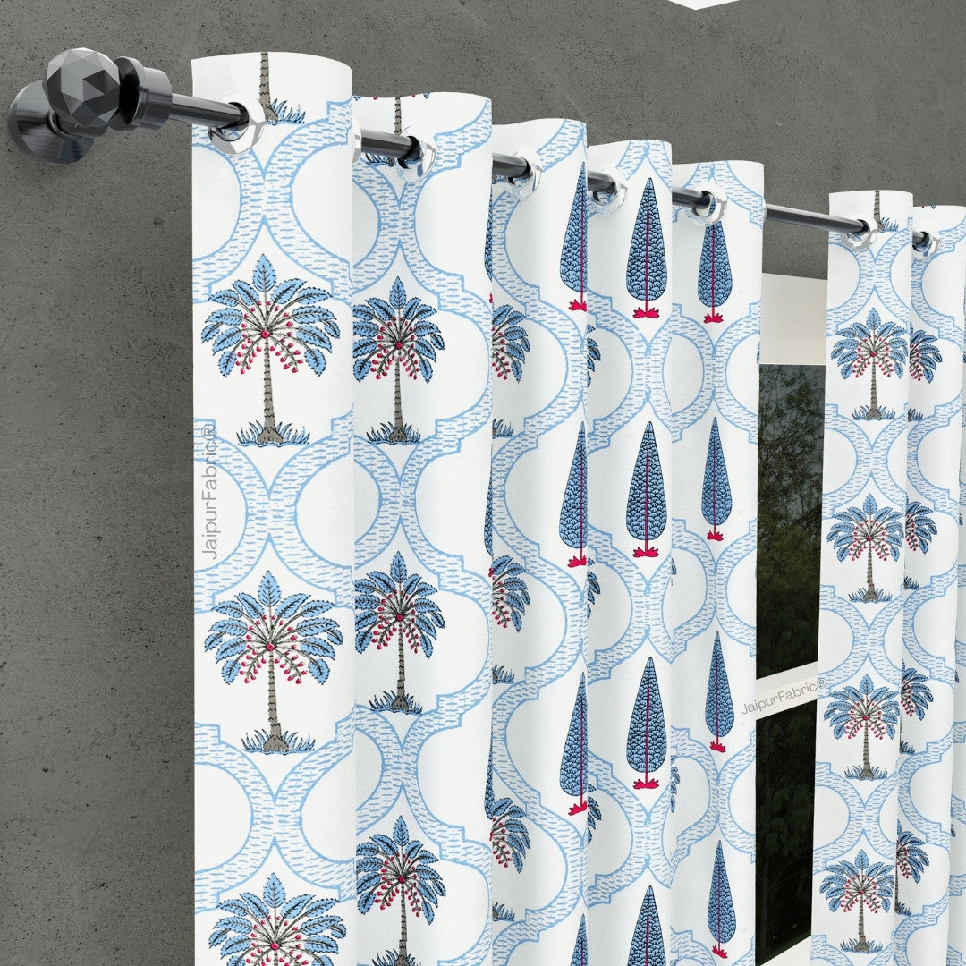 Jaipur Mela Hand Block Printed Blue Trees and Flowers Curtains
