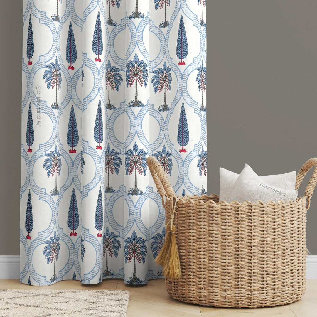 Jaipur Mela Hand Block Printed Blue Trees and Flowers Curtains