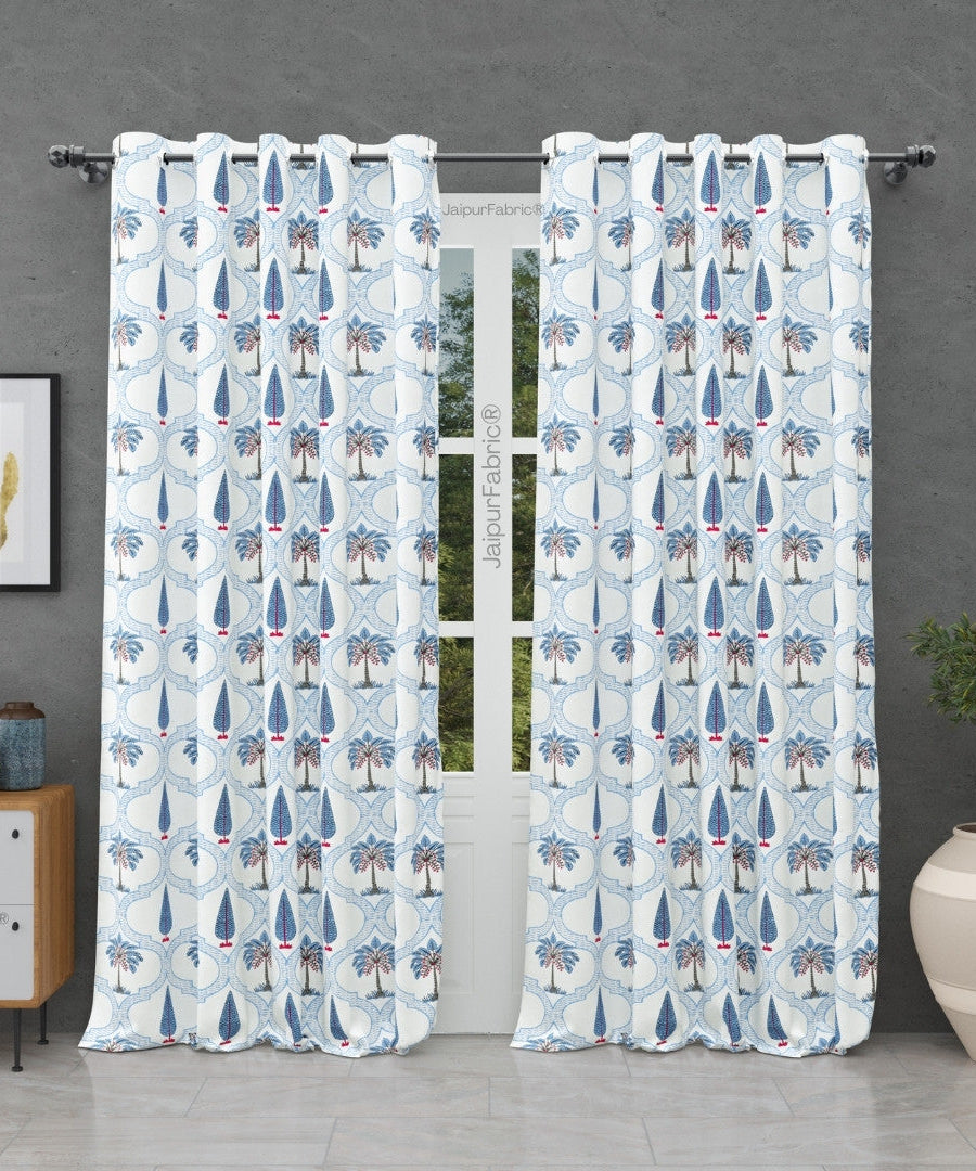 Jaipur Mela Hand Block Printed Blue Trees and Flowers Curtains