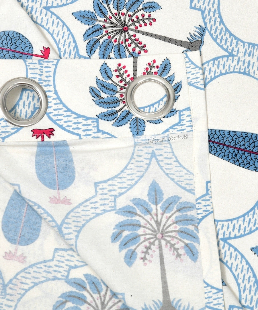 Jaipur Mela Hand Block Printed Blue Trees and Flowers Curtains