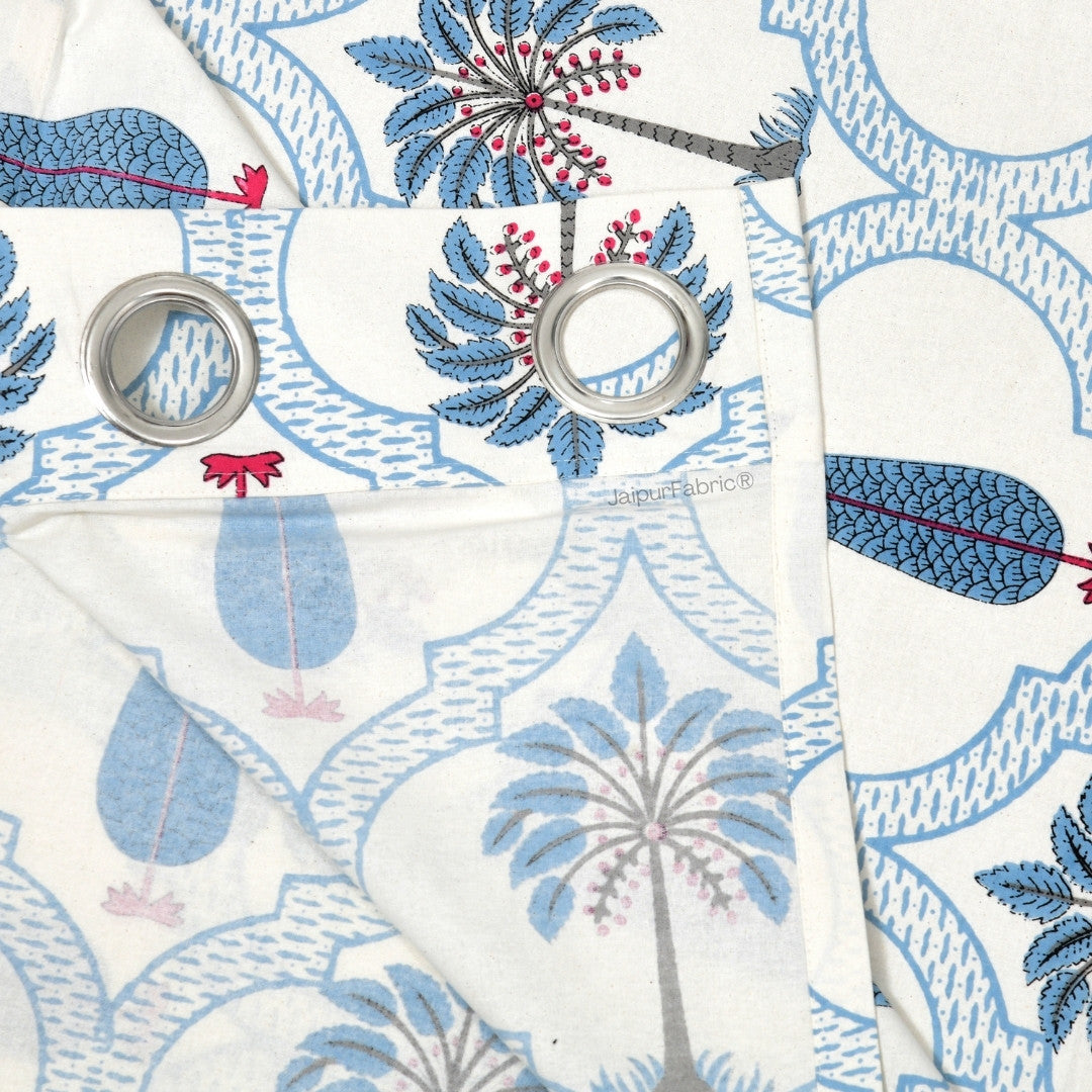 Jaipur Mela Hand Block Printed Blue Trees and Flowers Curtains