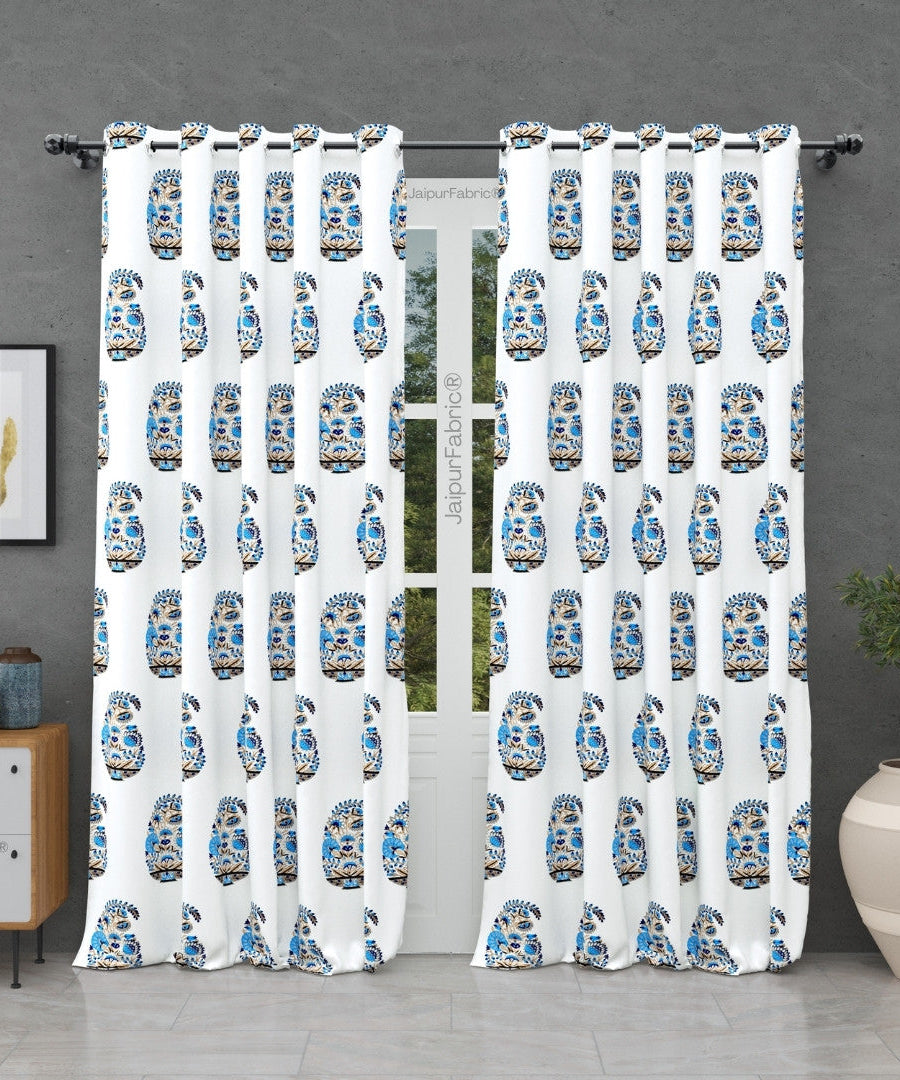 Floral Blue Indian Kairi Design Pinar Block Hand Block Printed Curtains