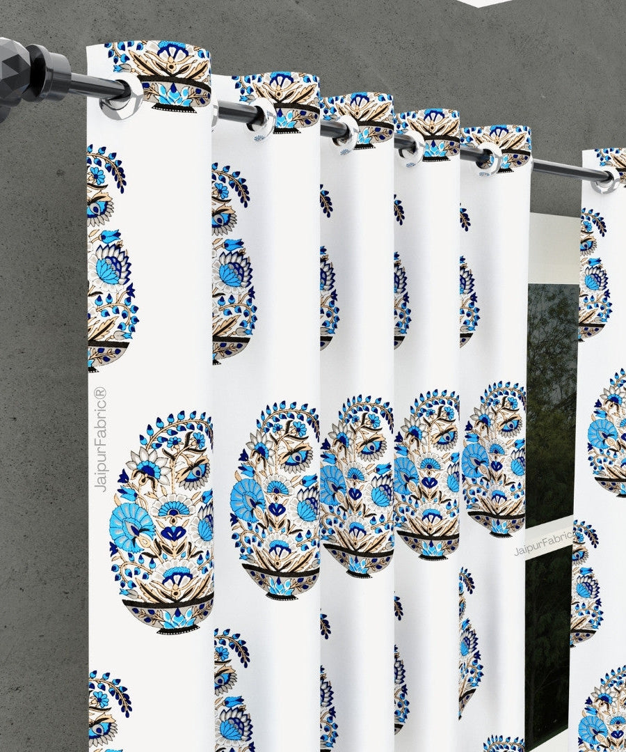 Floral Blue Indian Kairi Design Pinar Block Hand Block Printed Curtains