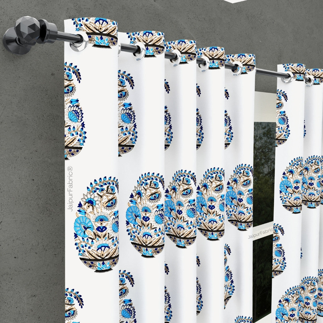 Floral Blue Indian Kairi Design Pinar Block Hand Block Printed Curtains