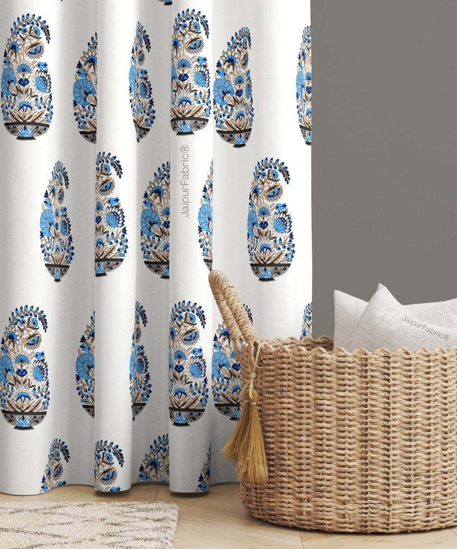 Floral Blue Indian Kairi Design Pinar Block Hand Block Printed Curtains