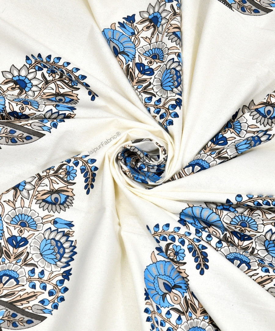 Floral Blue Indian Kairi Design Pinar Block Hand Block Printed Curtains