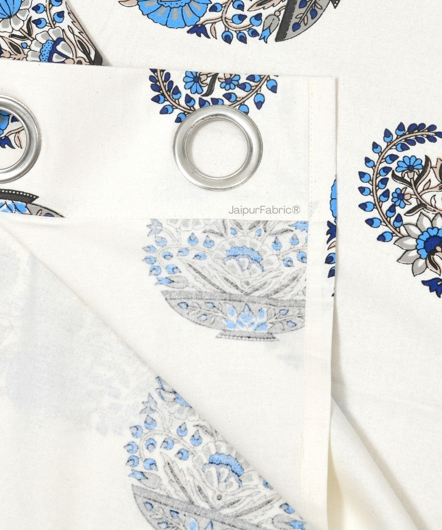 Floral Blue Indian Kairi Design Pinar Block Hand Block Printed Curtains
